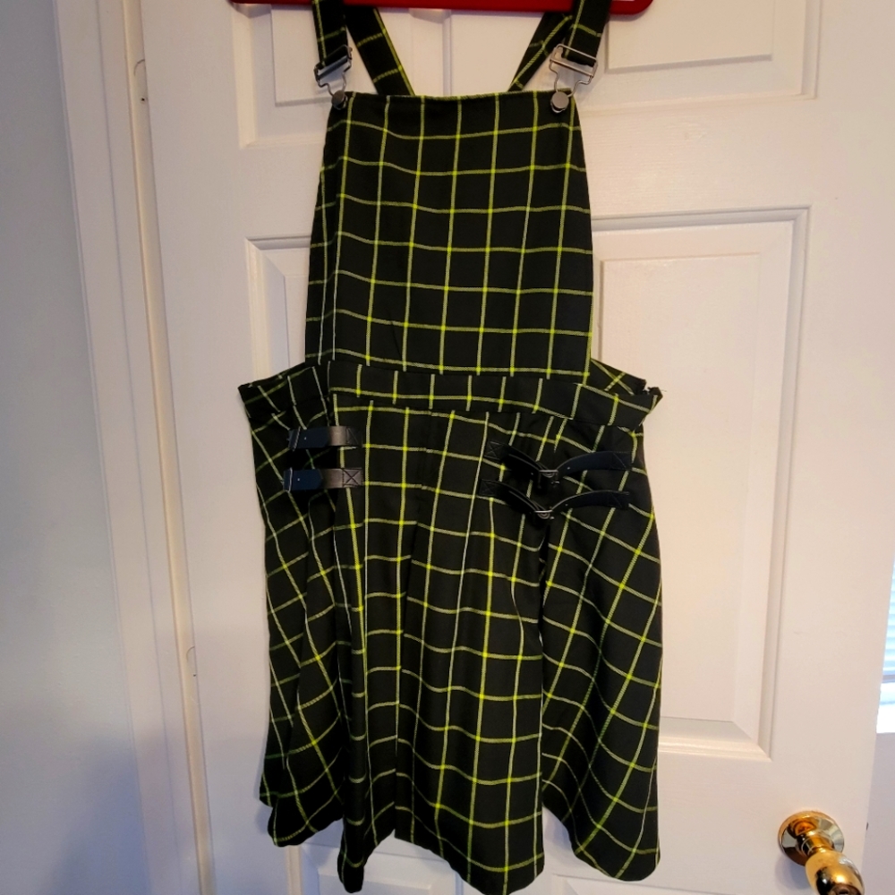 Cross cross plaid hot topic overall dress. Black and neon
